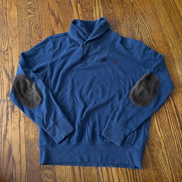Polo Ralph Lauren Sweater Men's S Blue Elbow Patch Shawl Collar Cotton Pullover - Picture 1 of 5